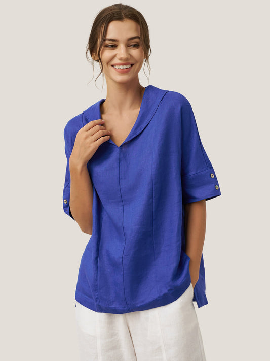 Linen V-Neck Short Sleeve Top | Relaxed Fit Women's